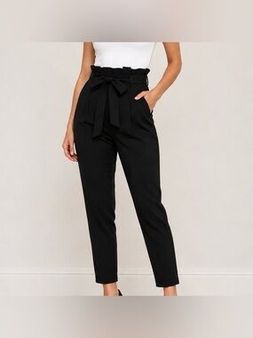 Express High Rise Paperbag Tie Waist Ankle Pants Black 6P